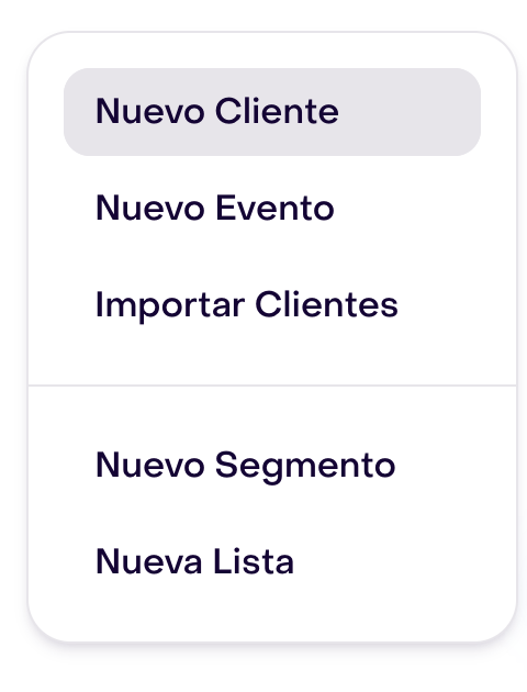 Menú para agregar en Audiencia con Importar Clientes entre Nuevo Evento y Nuevo Segmento.